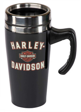 Harley-Davidson Travel Mug, Bar & Shield Double-Wall Stainless Steel w/ Handle - Wisconsin Harley-Davidson