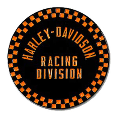 Harley-Davidson 1.5 inch. Racing Checkered Round Metal Pin, Black & Orange - Wisconsin Harley-Davidson
