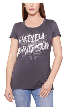 Harley-Davidson Women's Embellished Burst Scoop Neck Short Sleeve Tee - Gray - Wisconsin Harley-Davidson