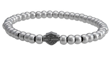 Harley-Davidson Women's Small Beaded Bar & Shield Stretch Bracelet - Silver - Wisconsin Harley-Davidson