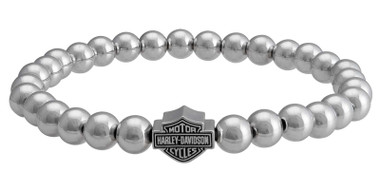 Harley-Davidson Women's Large Beaded Bar & Shield Stretch Bracelet - Silver - Wisconsin Harley-Davidson