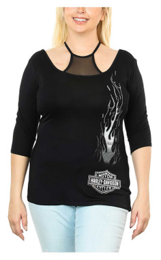 Harley-Davidson Women's Embellished Flames B&S Mesh Neck 3/4 Sleeve Top - Black - Wisconsin Harley-Davidson