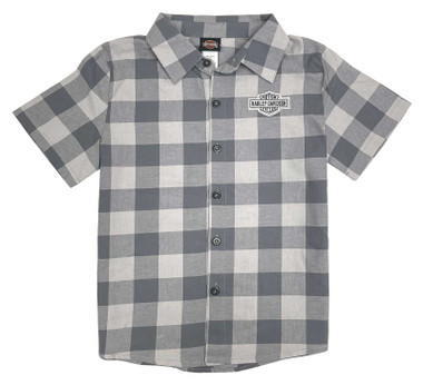 Harley-Davidson Big Boys' B&S Short Sleeve Plaid Flannel Shop Shirt - Gray - Wisconsin Harley-Davidson