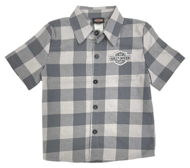 Harley-Davidson Little Boys' B&S Short Sleeve Plaid Flannel Shirt - Gray - Wisconsin Harley-Davidson