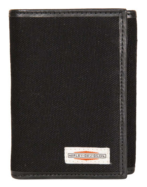 Harley-Davidson Men's Patch Cotton Canvas & Leather Tri-Fold RFID Wallet - Black - Wisconsin Harley-Davidson