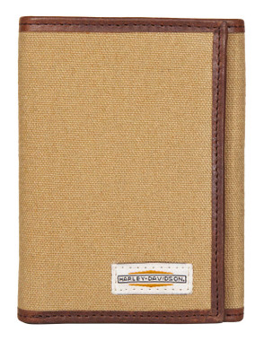 Harley-Davidson Men's Patch Cotton Canvas & Leather Tri-Fold RFID Wallet - Khaki - Wisconsin Harley-Davidson