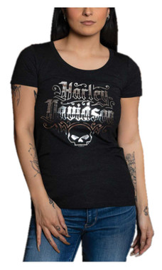 Harley-Davidson Women's Goth Willie G Skull Short Sleeve Scoop Neck Tee - Black - Wisconsin Harley-Davidson