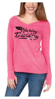 Harley-Davidson Women's Foiled Winged H-D V-Neck Long Sleeve Tee - Pink - Wisconsin Harley-Davidson