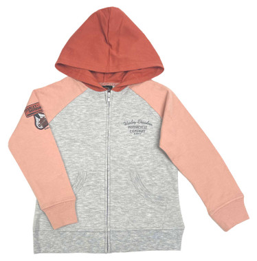 Harley-Davidson Little Girls' Knit Zip-Up Colorblocked Hoodie - Pink & Gray - Wisconsin Harley-Davidson