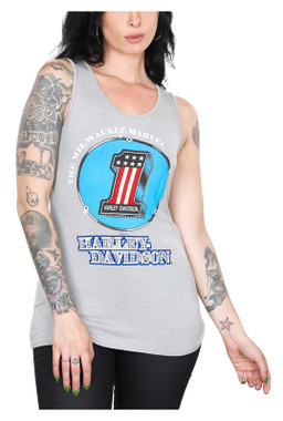 Harley-Davidson Women's Patriotic #1 Logo Sleeveless Scoop Neck Tank Top - Beige - Wisconsin Harley-Davidson