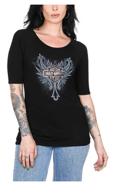 Harley-Davidson Women's Embellished Stone B&S 3/4 Sleeve Round Neck Top - Black - Wisconsin Harley-Davidson