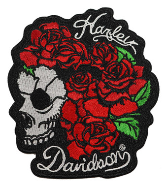 Harley-Davidson 5 in. Embroidered Rose Skull Emblem Sew-On Patch - Black/Red - Wisconsin Harley-Davidson