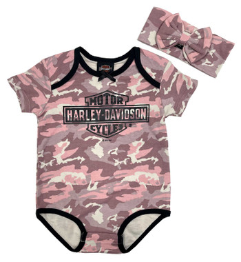 Harley-Davidson Baby Girls' Printed Camo Knit Newborn Creeper & Headband Set - Wisconsin Harley-Davidson