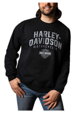 Harley-Davidson Men's Beveled Crew-Neck Pullover Fleece Sweatshirt - Black - Wisconsin Harley-Davidson