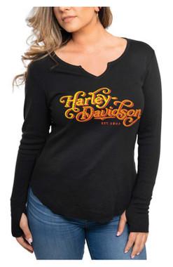 Harley-Davidson Women's Embellished Retro Swirls V-Neck Long Sleeve Shirt, Black - Wisconsin Harley-Davidson