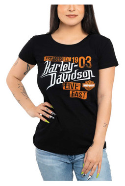 Harley-Davidson Women's Mania Round Neck Short Sleeve Cotton Tee - Black - Wisconsin Harley-Davidson