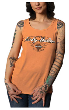 Harley-Davidson Women's Scripted High-Low Fullback Sleeveless Tank Top - Orange - Wisconsin Harley-Davidson