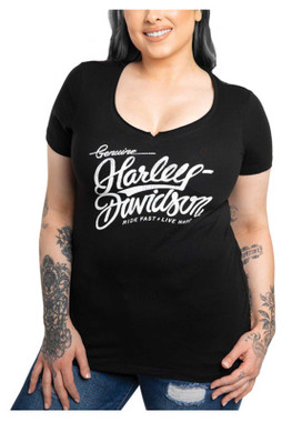 Harley-Davidson Women's Crackle Notched V-Neck Short Sleeve Tee - Black - Wisconsin Harley-Davidson