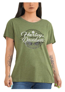 Harley-Davidson Women's Inked Stamp Foiled Scoop Neck Short Sleeve Tee - Green - Wisconsin Harley-Davidson