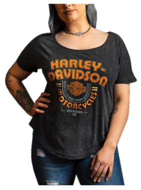 Harley-Davidson Women's Have Grit Curved Hem Short Sleeve Cotton Tee- Wash Black - Wisconsin Harley-Davidson