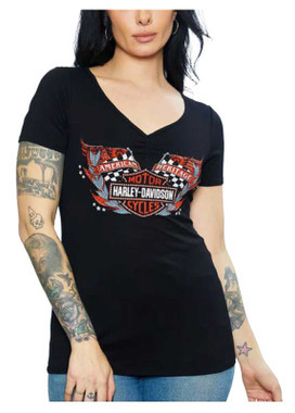 Harley-Davidson Women's Embellished Me First Racing Short Sleeve V-Neck Tee - Wisconsin Harley-Davidson