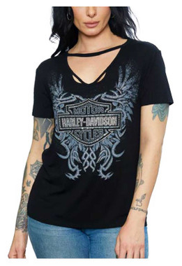 Harley-Davidson Women's Embellished Megalithic Short Sleeve V-Neck Tee - Black - Wisconsin Harley-Davidson