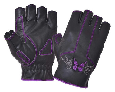 UNIK Women's Purple Butterfly Fingerless Cowhide Leather Motorcycle Gloves - Wisconsin Harley-Davidson
