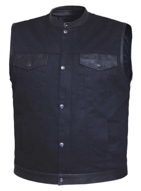 UNIK Men's Denim Club Motorcycle Vest w/ Cowhide Leather Trim - Matte Black - Wisconsin Harley-Davidson