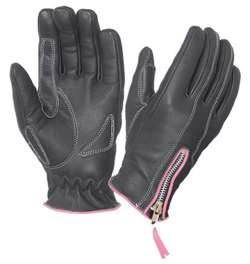 UNIK Women's Cowhide Leather Full-Finger Gloves w/ Pink Stitching - Black - Wisconsin Harley-Davidson