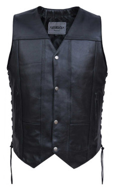 UNIK Men's Premium 10-Pocket Cowhide Leather Snap Front Motorcycle Vest - Black - Wisconsin Harley-Davidson