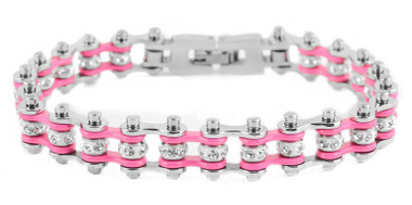 Heavy Metal Women's Two Tone Pink Crystal Motorcycle Bike Chain Bracelet, Silver - Wisconsin Harley-Davidson