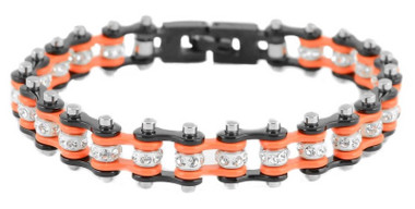 Heavy Metal Women's Two Tone Black/Orange Crystal Motorcycle Bike Chain Bracelet - Wisconsin Harley-Davidson