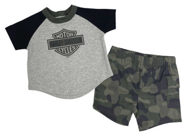 Harley-Davidson Little Boys' 2-Piece Toddler B&S Raglan Tee & Camo Short Set - Wisconsin Harley-Davidson