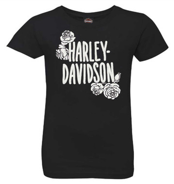 Harley-Davidson Big Girls' H-D Roses Short Sleeve Crew-Neck Tee - Black - Wisconsin Harley-Davidson