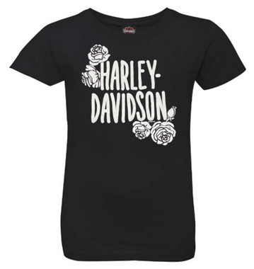 Harley-Davidson Little Girls' H-D Roses Short Sleeve Crew-Neck Tee - Black - Wisconsin Harley-Davidson