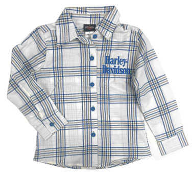 Harley-Davidson Little Girls' Glittery Long Sleeve Plaid Shirt - White/Blue - Wisconsin Harley-Davidson