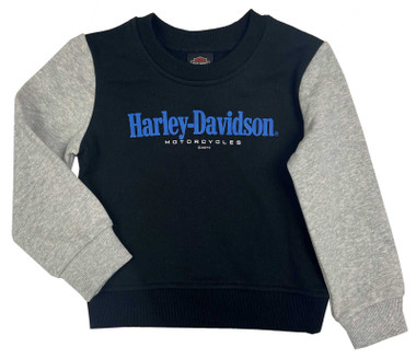 Harley-Davidson Big Girls' Colorblocked Fleece Crew Pullover Hoodie - Black - Wisconsin Harley-Davidson