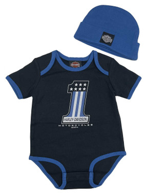 Harley-Davidson Baby Boys' Infant Ringer Creeper w/ Beanie - Black/Blue - Wisconsin Harley-Davidson