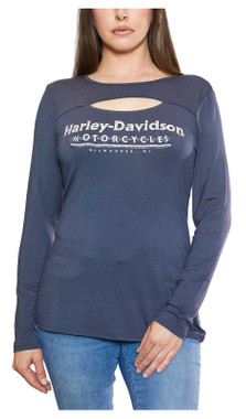 Harley-Davidson Women's Embellished H-D Long Sleeve Cut-Out Shirt - Gray - Wisconsin Harley-Davidson