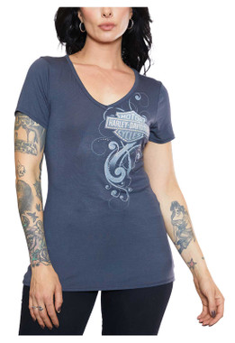 Harley-Davidson Women's Embellished B&S Short Sleeve V-Neck Tee - Gray - Wisconsin Harley-Davidson