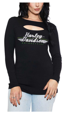 Harley-Davidson Women's Embellished H-D Long Sleeve Cut-Out Shirt - Black - Wisconsin Harley-Davidson