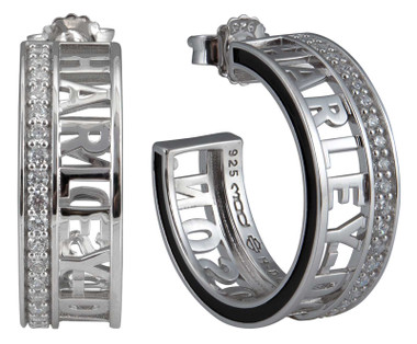 Harley-Davidson Women's Revolve Crystal Signature Hoop Post Earrings - Silver - Wisconsin Harley-Davidson