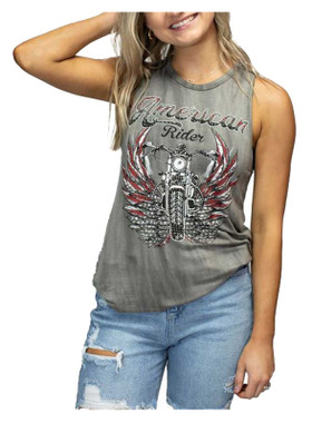 Liberty Wear Women's Embellished American Rider Sleeveless Tank Top - Gray - Wisconsin Harley-Davidson