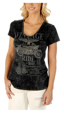 Liberty Wear Women's Vintage Ride Embellished V-Neck Short Sleeve Tee - Gray - Wisconsin Harley-Davidson