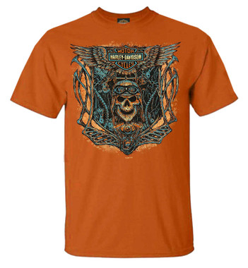Harley-Davidson Men's Skull Parts Winged Bar & Shield Cotton Tee Shirt, Orange - Wisconsin Harley-Davidson