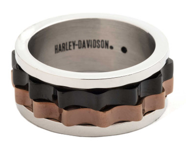 Harley-Davidson Men's Curved Tri Tone Stack Ring - Stainless Steel, Black/Brown - Wisconsin Harley-Davidson