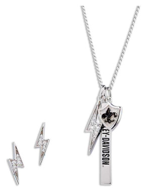 Harley-Davidson Women's 16 in. Lightening Charm Necklace & Earring Set, Silver - Wisconsin Harley-Davidson