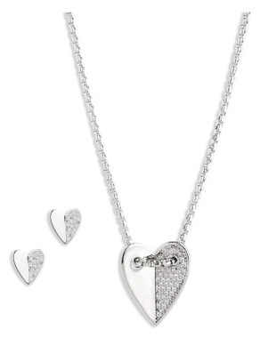 Harley-Davidson Women's Half Pave Crystal Heart Necklace & Earring Set, Silver - Wisconsin Harley-Davidson