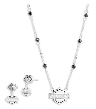 Harley-Davidson Women's 16in Crystal Bar & Shield Necklace & Earring Set, Silver - Wisconsin Harley-Davidson