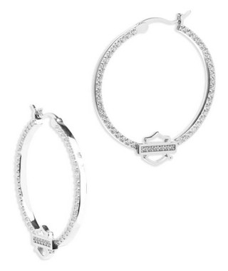 Harley-Davidson Women's Crystal Bar & Shield Logo Hoop Earrings, Sterling Silver - Wisconsin Harley-Davidson